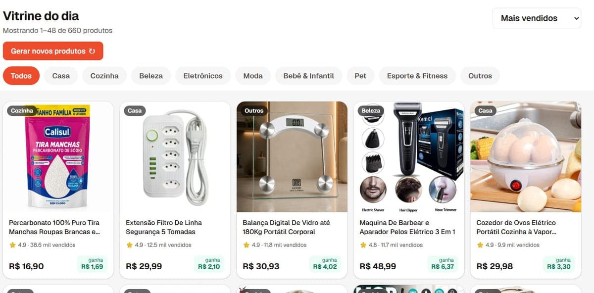 A Vitrine do Escolhe Promo: produtos da Shopee do dia com preço e comissão, filtrados por nicho